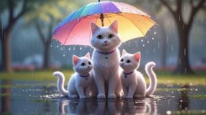 Мама-кошка и ее котята переживают свой первый дождливый день