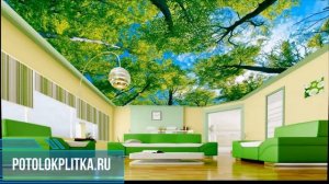 Установка натяжных потолков с зеленой фотопечатью