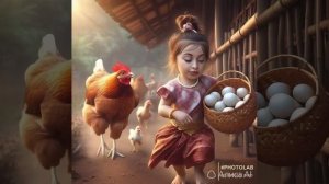девочка бежит от петуха и куриц