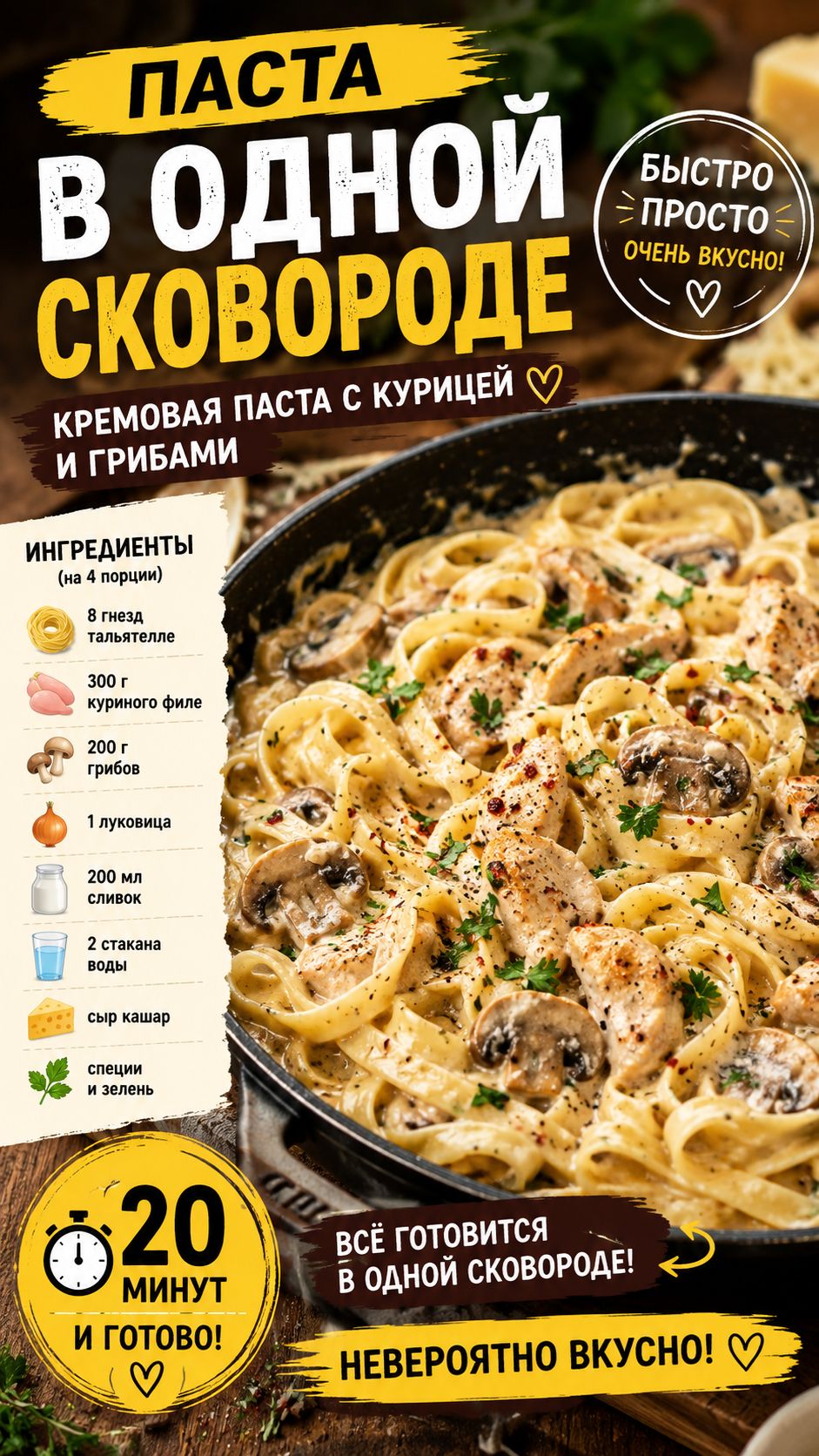 Кремовая паста с курицей и грибами 🤤