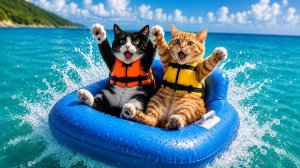 Мама-кошка и котенок спасают черную кошку из океана 🌊🐱🖤