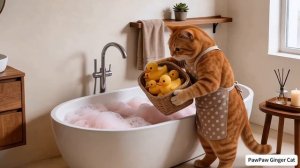 Рыжий котенок думал, что утонет… 😱 Но маму-кошку ждал сладкий сюрприз!🛁🐥💖