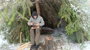 Бушкрафт в снежную бурю. Строим теплое и уютное укрытие из веток под елью