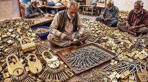 Процесс массового производства замков и ключей в Пакистане.