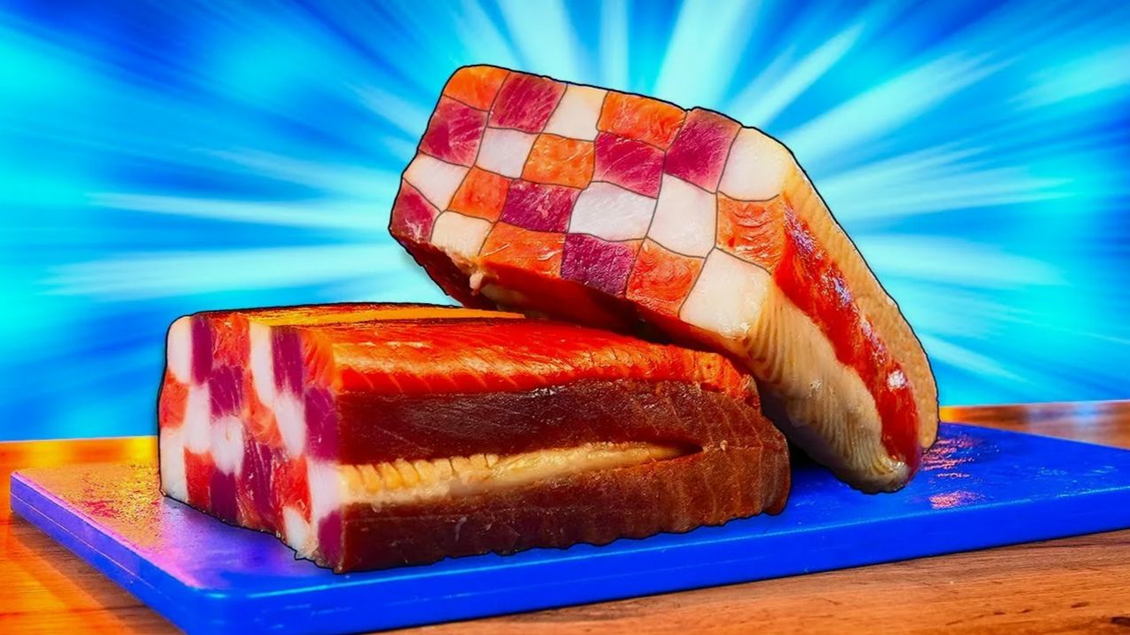 СДЕЛАЛИ НЕВЕРОЯТНЫЙ ШАХМАТНЫЙ РУЛЕТ ИЗ ЛОСОСЯ ,ТУНЦА И ПАЛТУСА , С ПОМОЩЬЮ МОЛЕКУЛЯРНОЙ КУХНИ