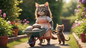 Помощники по саду# мама-кошка и ее маленький помощник