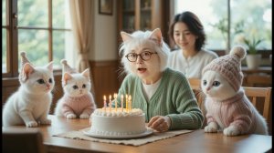 Мама-кошка и котята устроили день рождения, который бабушка-кошка никогда не забудет