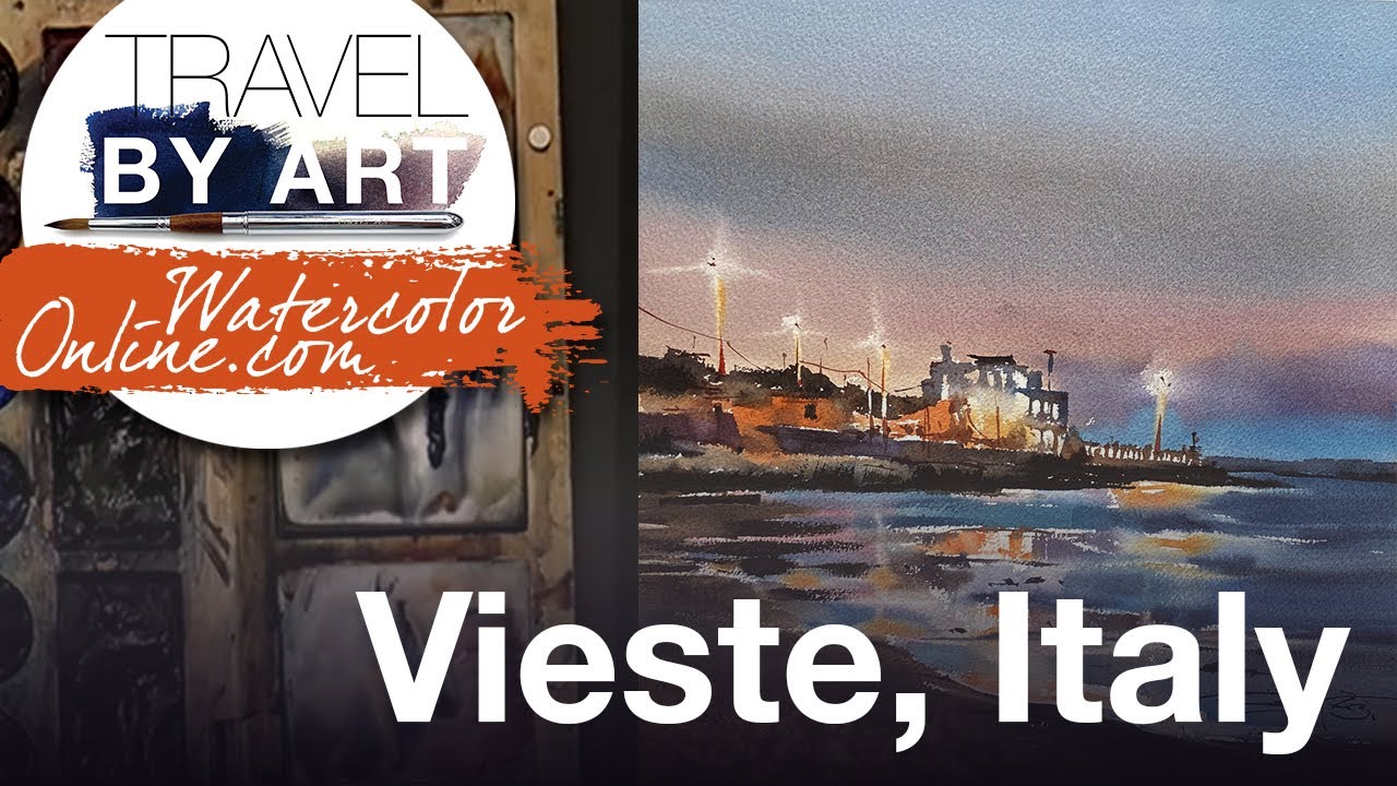 #212 Travel by art, Ep. 79: Nocturnal Beach of Vieste, Italy (Watercolor Landscape Tutorial) смотреть онлайн