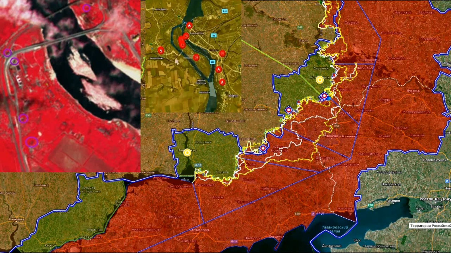 Карта боевых действий. Спутниковый снимок удара по мостам в Запорожье