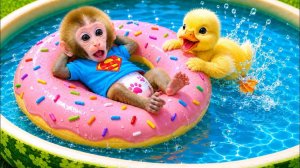 🐒 Обезьянка делает бассейн из арбуза 🍉для себя и утёнка🐤