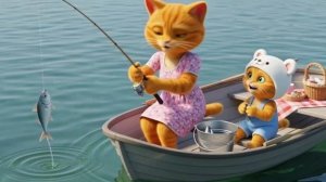 🔥🐱 Мама-кошка жарит рыбу, пока котенок и кролик подбадривают 🐟🐰✨