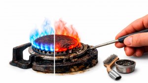 Конфорка газовой плиты горит красным пламенем и плохо работает? Чистка горелки рассекателя.