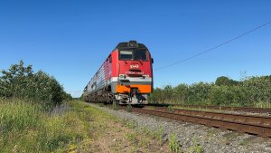 Тепловоз 2ТЭ25КМ-0553 с перегоняемым ТЭМ7А-0237 на  бывшей ст.Копорье, июнь 2026 года