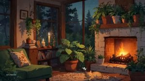 Rainy Night by the Fireplace with sleepy cat Cozy Lofi for Reading Relaxation