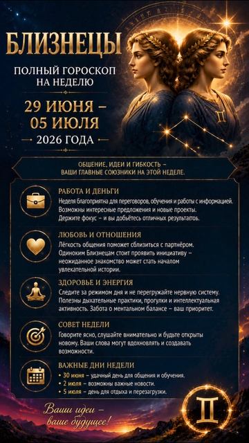 Близнецы. Полный гороскоп на неделю с 29 Июня по 05 Июля 2026 года