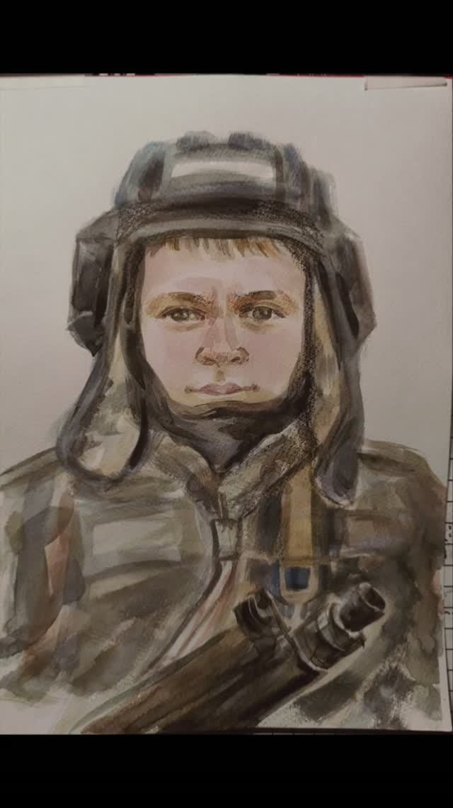 Портрет. Рисунок акварелью.  Танкист.
