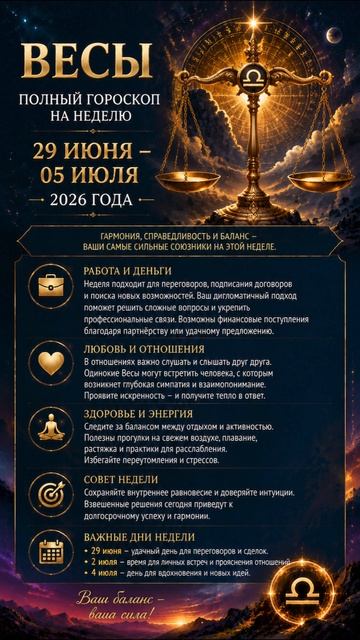 Весы. Полный гороскоп на неделю с 29 Июня по 05 Июля 2026 года