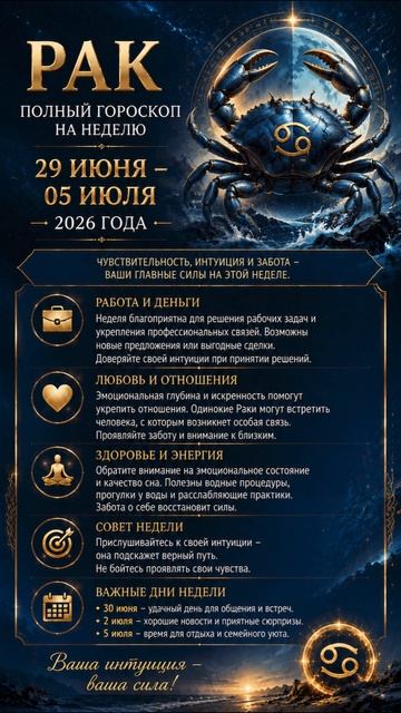 Рак. Полный гороскоп на неделю с 29 Июня по 05 Июля 2026 года