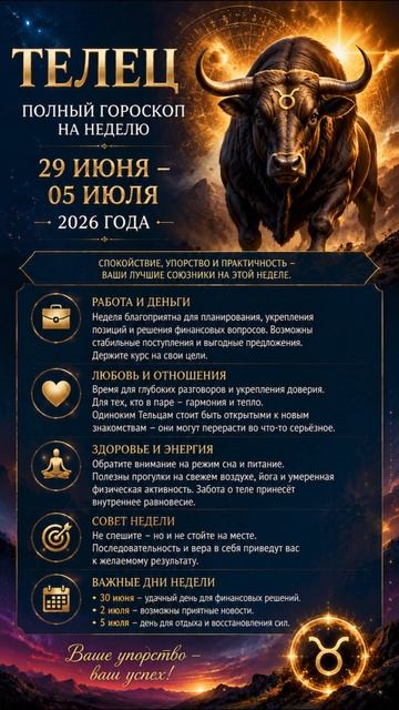 Телец. Гороскоп на неделю с 29 Июня по 05 Июля 2026 года
