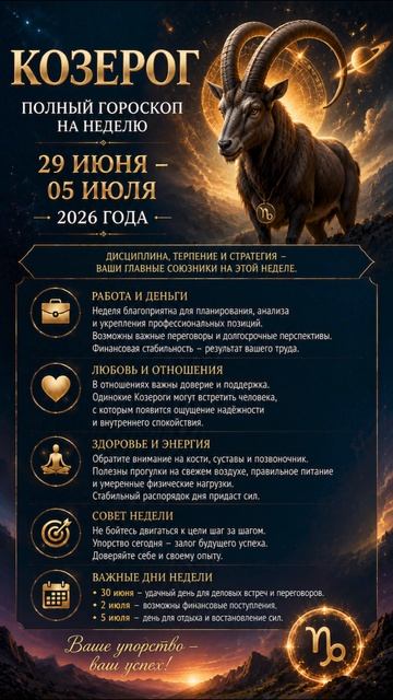 Козерог. Полный горсокоп на неделю с 29 Июня по 05 Июля 2026 года