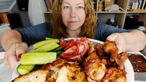 Мукбанг Утиные крылышки и шашлык из индейки, овощи и вкусный десерт!