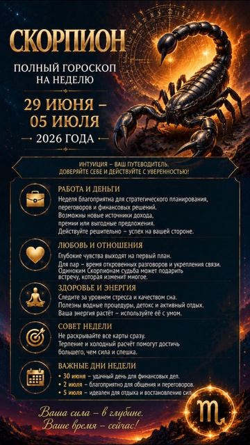 Скорпион. Полный гороскоп на неделю с 29 Июня по 05 Июля 2026 года