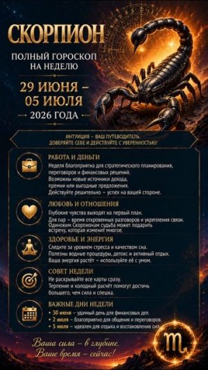 Скорпион. Полный гороскоп на неделю с 29 Июня по 05 Июля 2026 года