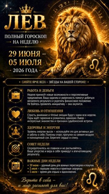 Лев. Полный горсокоп на неделю с 29 Июня по 05 Июля 2026 года