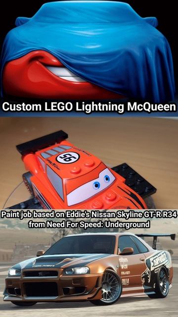 LEGO Молния Маккуин с покраской от машины Эдди Nissan Skyline GT-R R34 из Need For Speed Underground