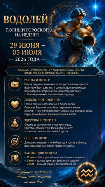 Водолей. Полный гороскоп на неделю с 29 Июня по 05 Июля 2026 года