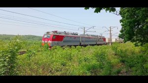 Электровоз 3ЭС5К-603 «Ермак» с составом рефрежираторных контейнеров следует по Транссибу летним днём