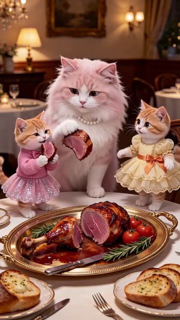 Кошка и котята балерины кушают курицу