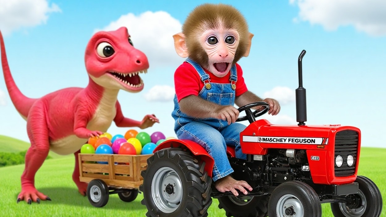Monkey Nana driving a tractor encounters a fire-breathing dinosaur and pulls off a clever rescue смотреть онлайн