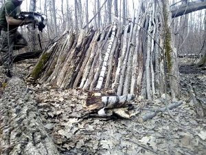 Постройка укрытия в весеннем, лиственном лесу.
