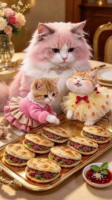 Котенок кормит котенка и маму пирожками с мясом