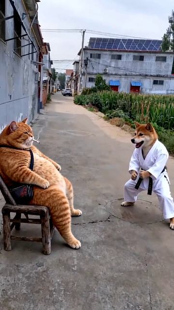 Рыжий котик и собака каратист