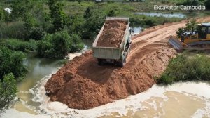 The End Connecting Processing 100% Skill Dozer Pushing Dirt & 10Wheel Truck Dumping Dirt Making Road