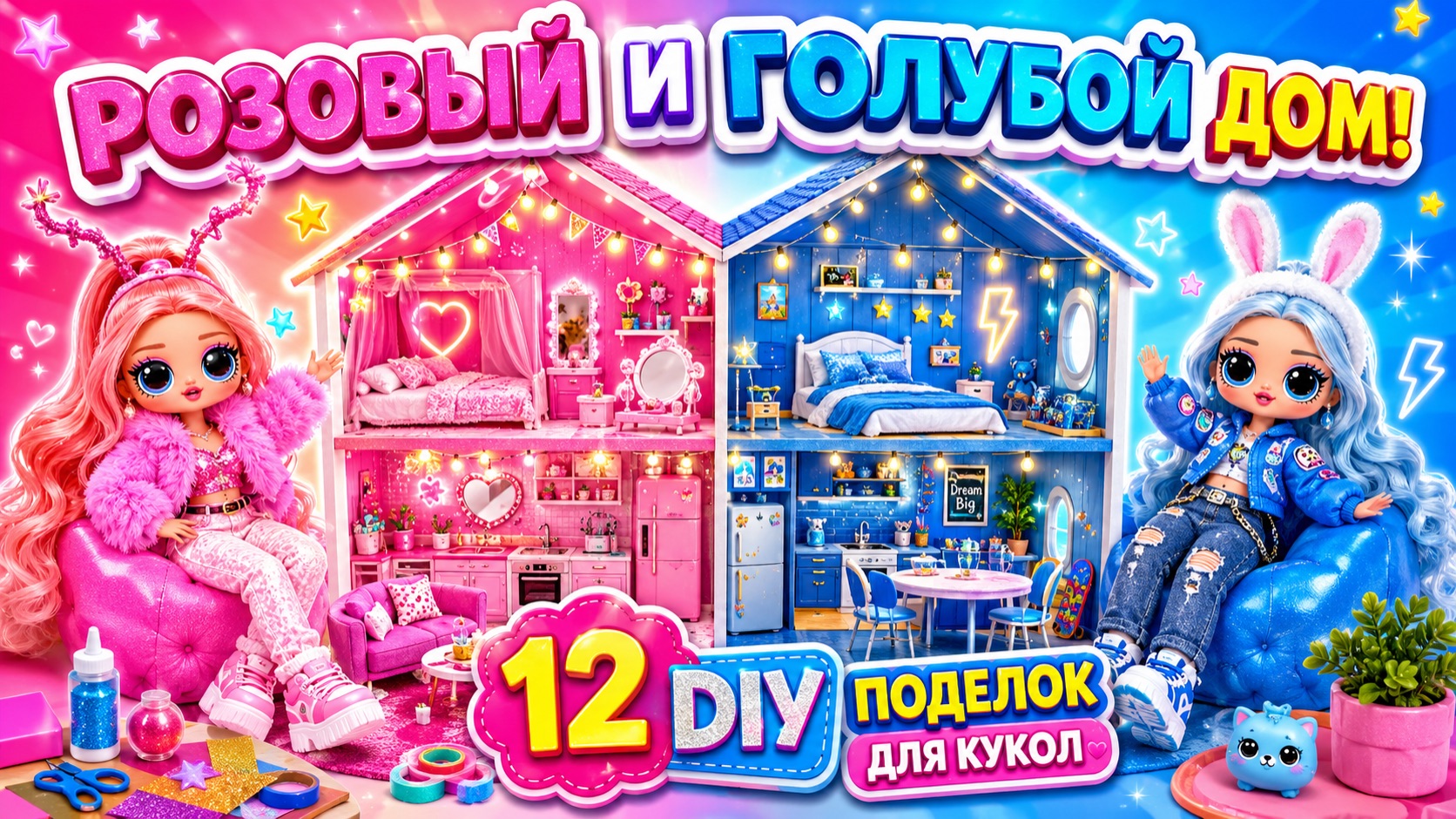 DIY в розовом и голубом стиле! Строим потрясающий дом для кукол! 12 DIY-поделок_1080p50 смотреть онлайн