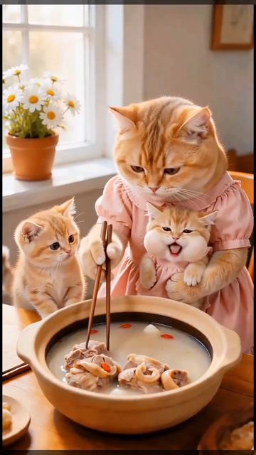 Кошка с котятами съели суп с мясом