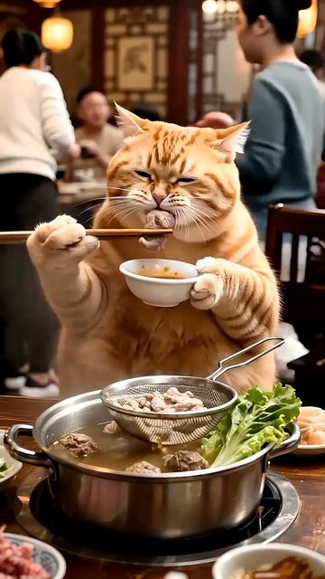 Рыжий кот ест мясо в соусе с цветной капустой