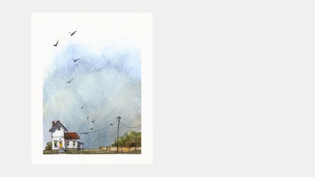 A Very Easy Line And Wash Watercolor Of A Farmhouse And Birds In Flight. Peter Sheeler, Sheelerart