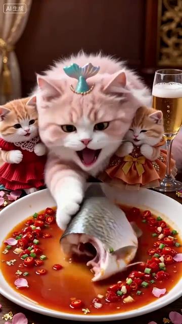 Кошка покормила котят рыбой и выпила вино