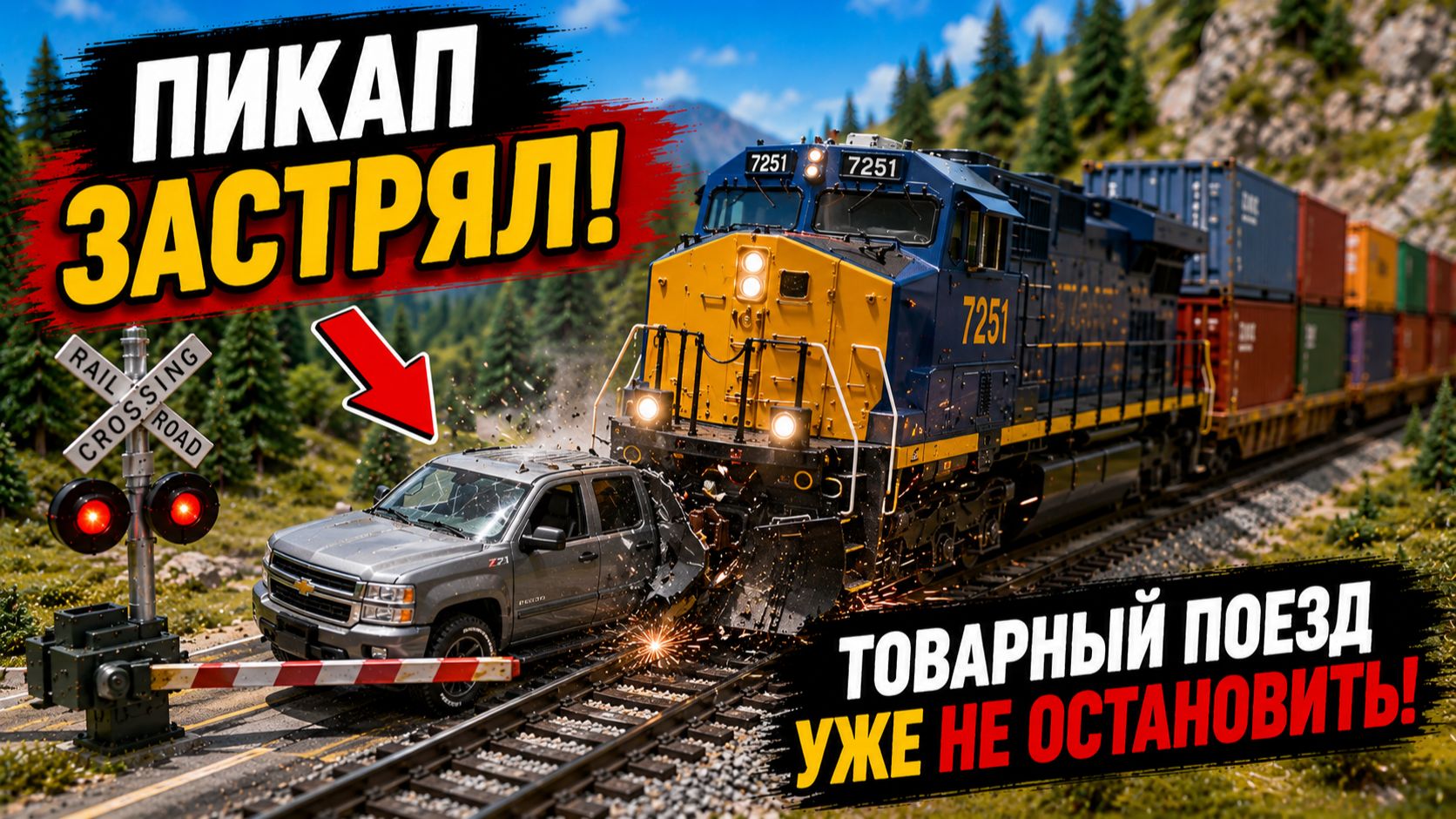 Серый Пикап Застрял На Переезде! Грузовой Поезд Уже Не Остановить 😱 Мультик про поезда