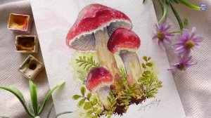 Рисуем красные грибы акварелью