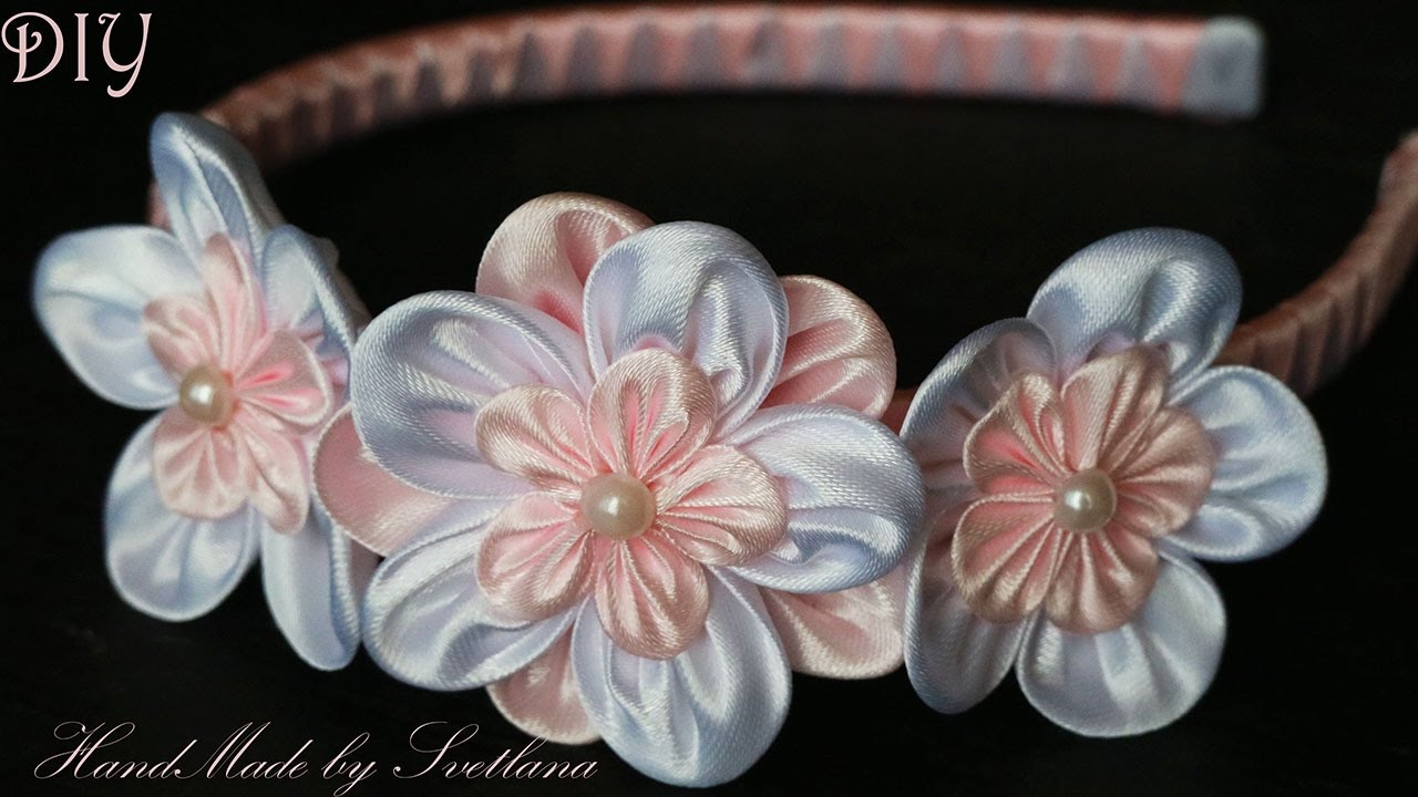 Весенний ободок с цветами Канзаши Мастер класс DIY Spring hoop with flowers Kanzashi смотреть онлайн
