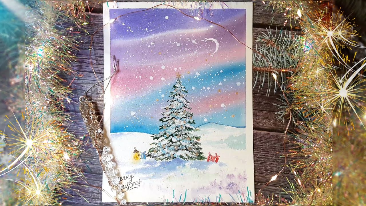 НОВОГОДНЯЯ ЕЛКА С ПОДАРКАМИ🎁В БЛЁСТКАХ🌟Пошаговое описание🎄Акварель для начинающих🍭 смотреть онлайн