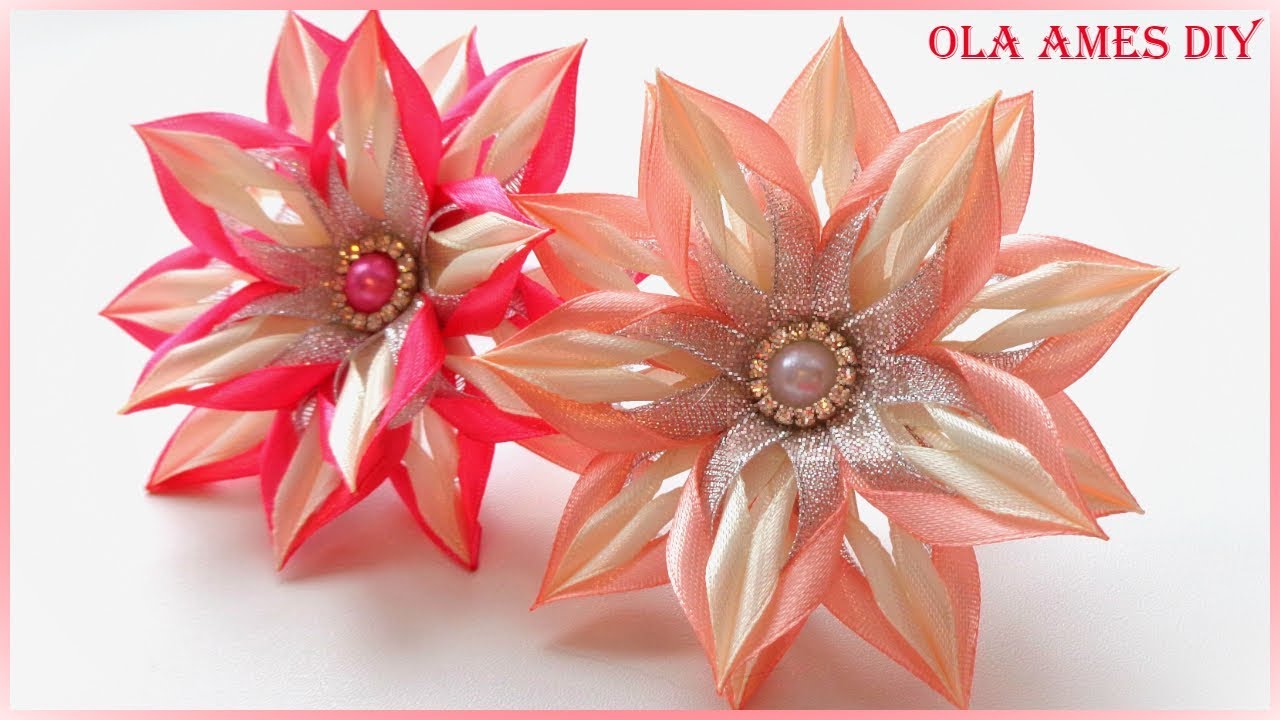 Цветы канзаши из узкой ленты/ Kanzashi Flower Tutorial/ Flores de fitas/ Ola ameS DIY смотреть онлайн