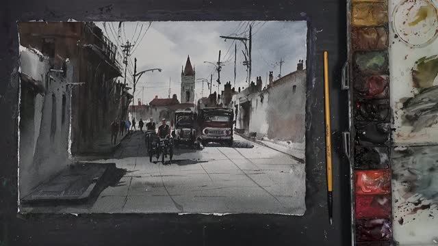Передача света в городской акварельной сцене