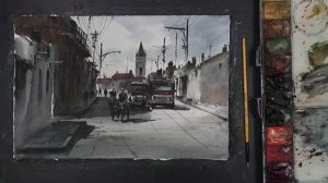 Передача света в городской акварельной сцене