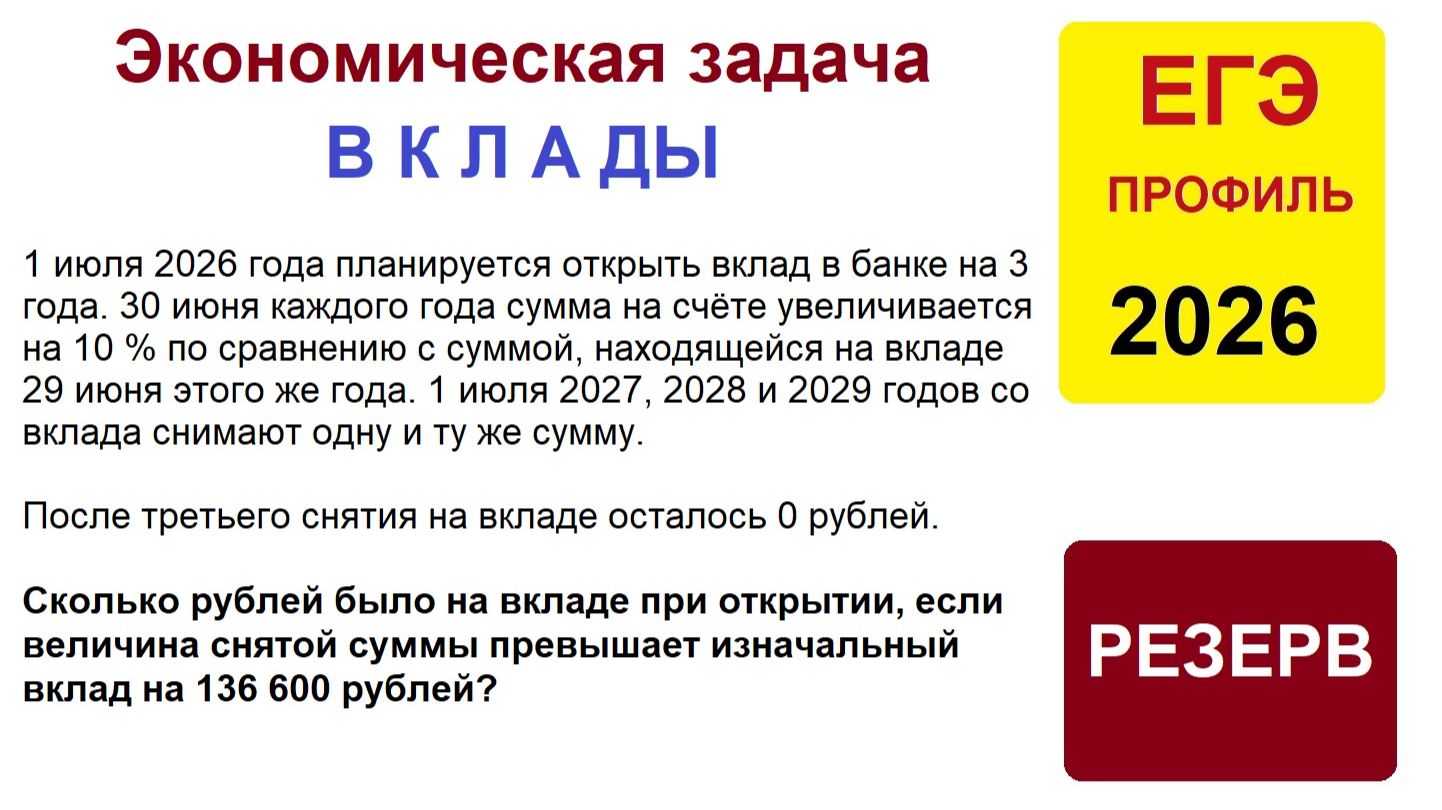 ЕГЭ 2026 Профильная математика Экономическая задача Резервный день